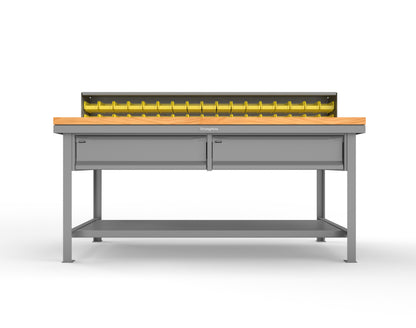 Extreme Duty 7 GA Shop Table with 1 3/4 in. Maple Top, 34 Bins, 2 Drawers, 1 Shelf, Riser Shelf - 72 In. W x 36 In. D x 34 In. H - T7236-34B-2DB-MT-7037