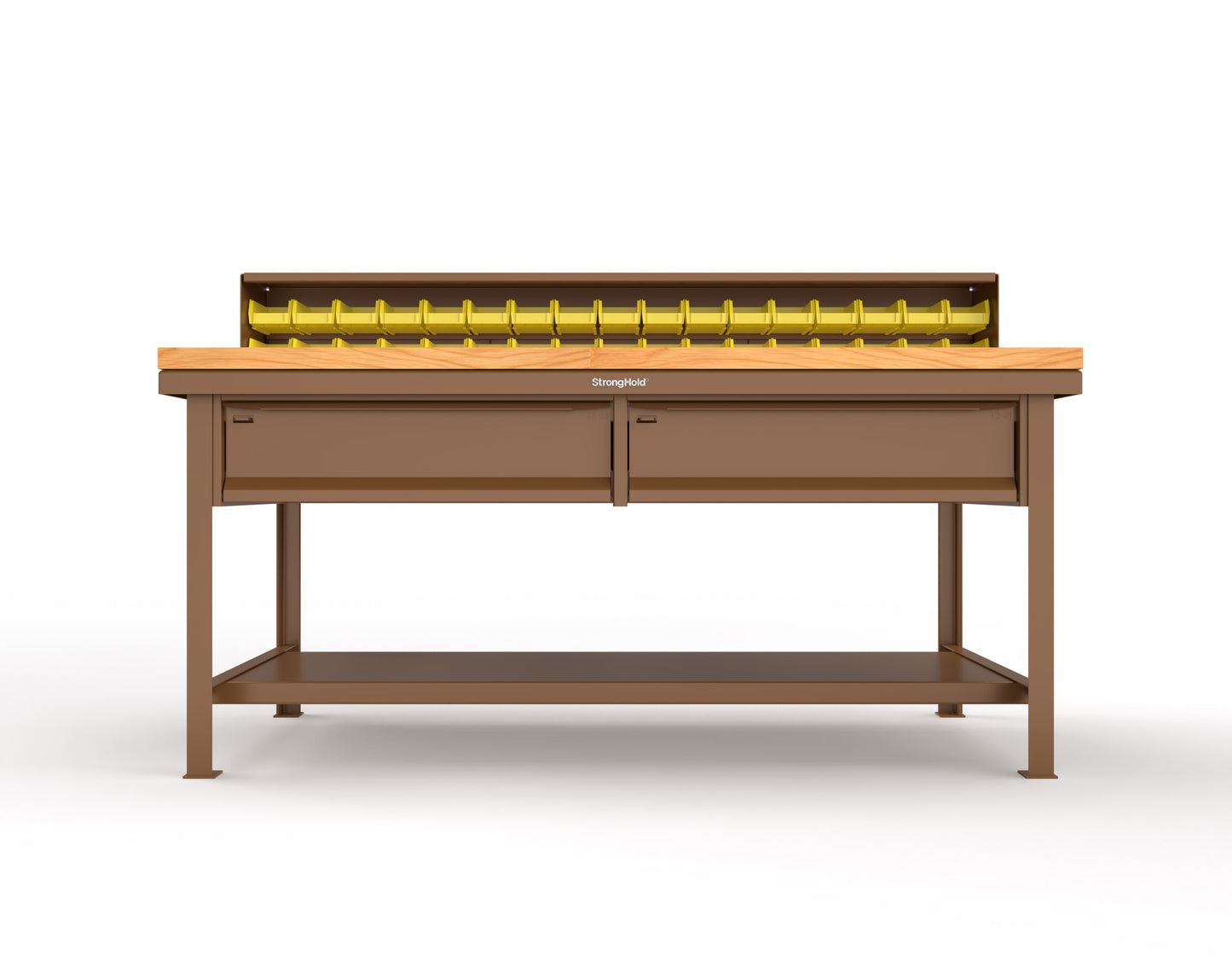 Extreme Duty 7 GA Shop Table with 1 3/4 in. Maple Top, 34 Bins, 2 Drawers, 1 Shelf, Riser Shelf - 72 In. W x 36 In. D x 34 In. H - T7236-34B-2DB-MT-8025