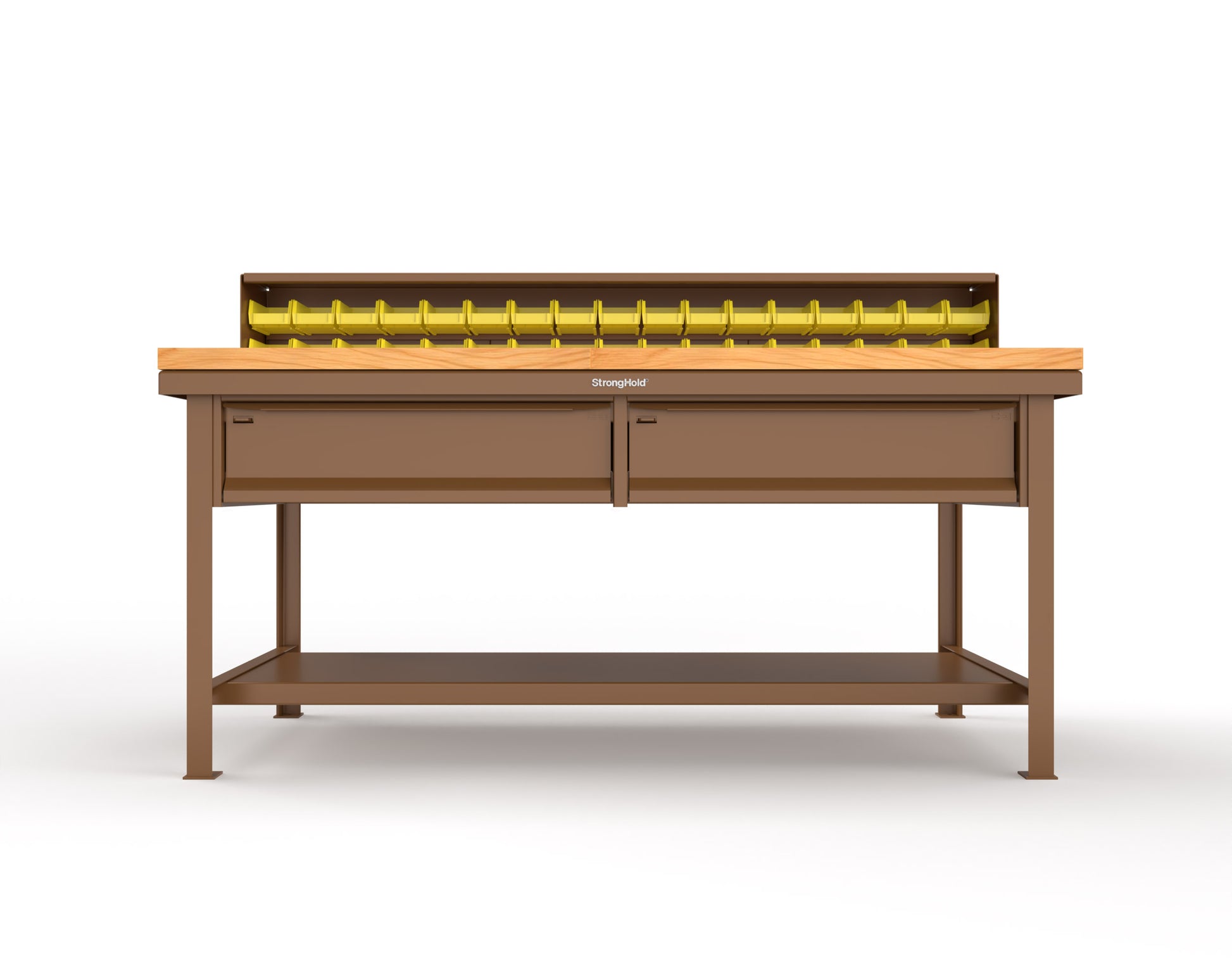 Extreme Duty 7 GA Shop Table with 1 3/4 in. Maple Top, 34 Bins, 2 Drawers, 1 Shelf, Riser Shelf - 72 In. W x 36 In. D x 34 In. H - T7236-34B-2DB-MT-8025