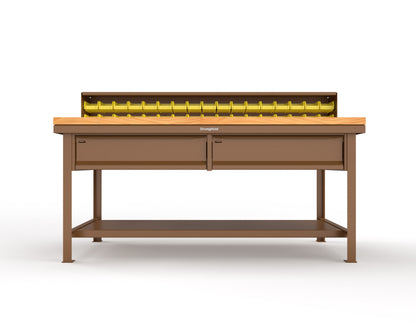 Extreme Duty 7 GA Shop Table with 1 3/4 in. Maple Top, 34 Bins, 2 Drawers, 1 Shelf, Riser Shelf - 72 In. W x 36 In. D x 34 In. H - T7236-34B-2DB-MT-8025