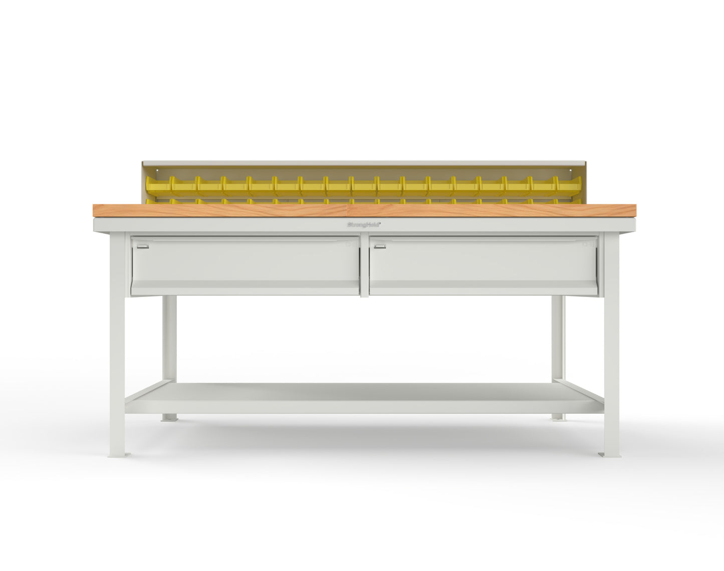 Extreme Duty 7 GA Shop Table with 1 3/4 in. Maple Top, 34 Bins, 2 Drawers, 1 Shelf, Riser Shelf - 72 In. W x 36 In. D x 34 In. H - T7236-34B-2DB-MT-9003
