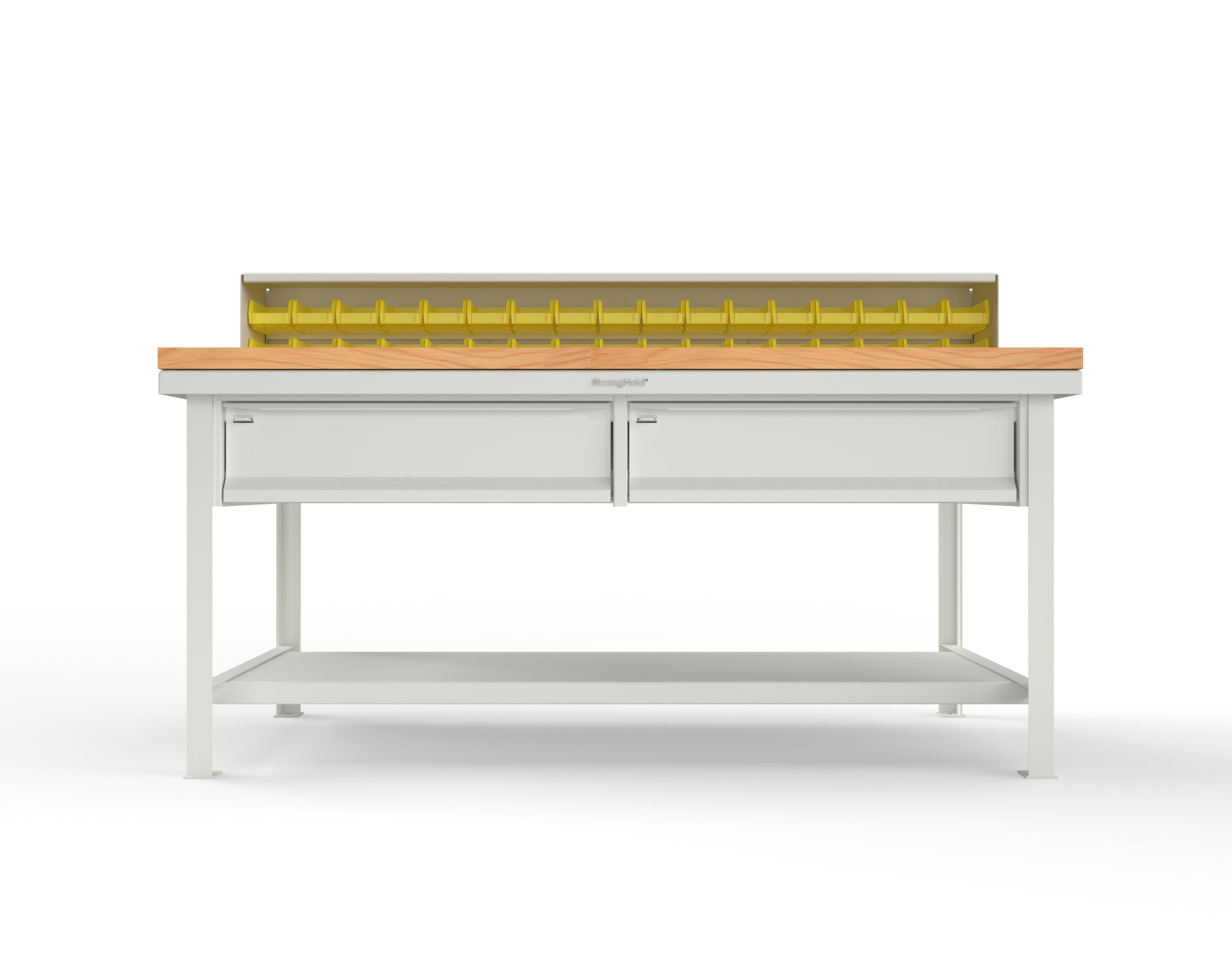Extreme Duty 7 GA Shop Table with 1 3/4 in. Maple Top, 34 Bins, 2 Drawers, 1 Shelf, Riser Shelf - 72 In. W x 36 In. D x 34 In. H - T7236-34B-2DB-MT-9003
