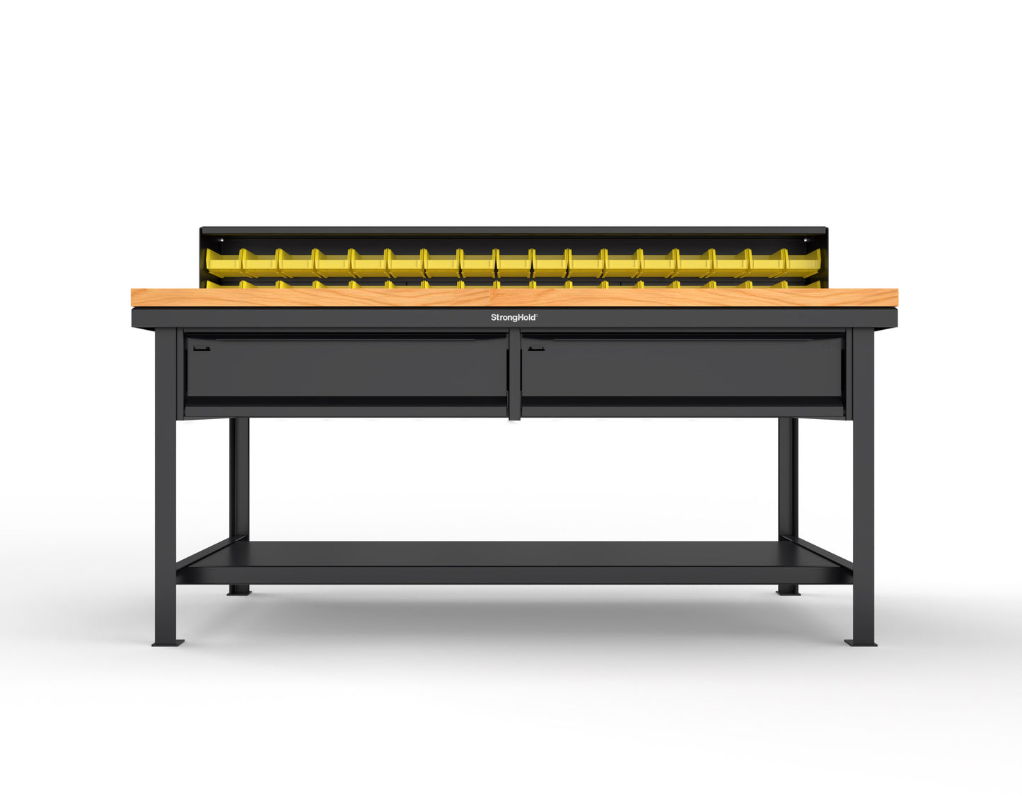 Extreme Duty 7 GA Shop Table with 1 3/4 in. Maple Top, 34 Bins, 2 Drawers, 1 Shelf, Riser Shelf - 72 In. W x 36 In. D x 34 In. H - T7236-34B-2DB-MT-9005