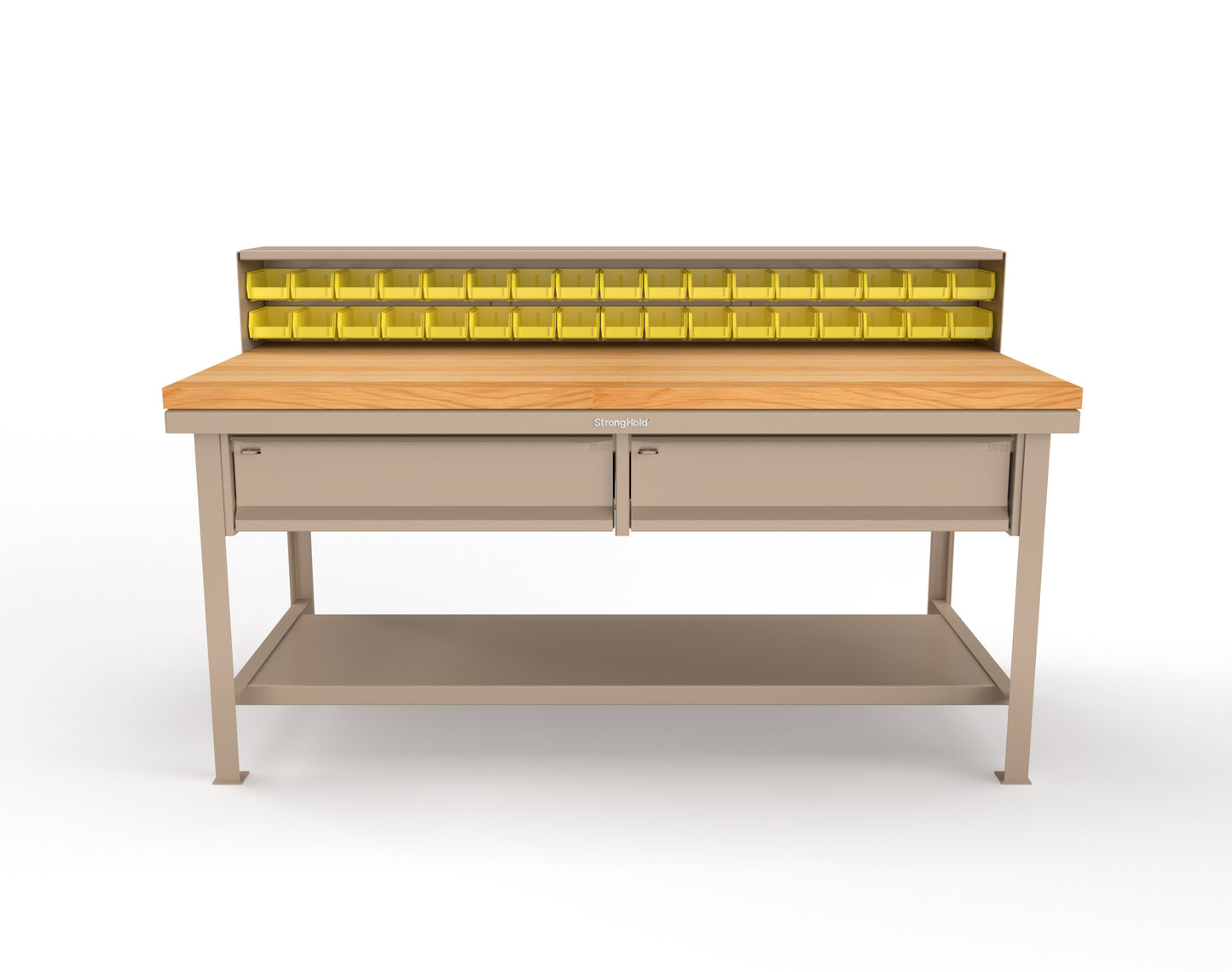 Extreme Duty 7 GA Shop Table with 1 3/4 in. Maple Top, 34 Bins, 2 Drawers, 1 Shelf, Riser Shelf - 72 In. W x 36 In. D x 34 In. H - T7236-34B-2DB-MT-1019