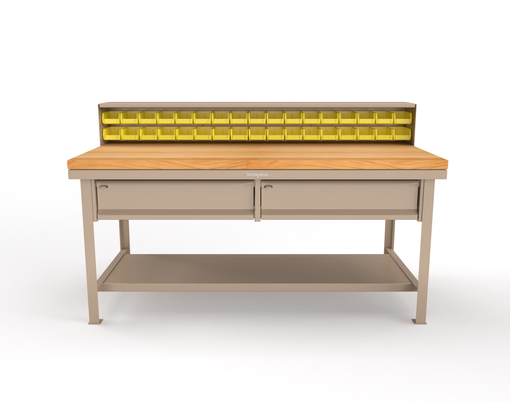 Extreme Duty 7 GA Shop Table with 1 3/4 in. Maple Top, 34 Bins, 2 Drawers, 1 Shelf, Riser Shelf - 72 In. W x 36 In. D x 34 In. H - T7236-34B-2DB-MT-1019