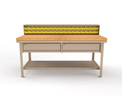 Extreme Duty 7 GA Shop Table with 1 3/4 in. Maple Top, 34 Bins, 2 Drawers, 1 Shelf, Riser Shelf - 72 In. W x 36 In. D x 34 In. H - T7236-34B-2DB-MT-1019