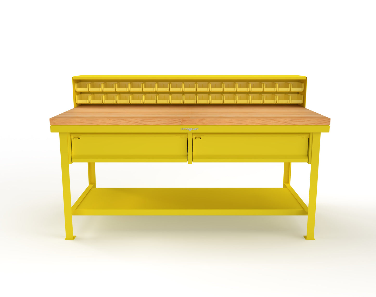 Extreme Duty 7 GA Shop Table with 1 3/4 in. Maple Top, 34 Bins, 2 Drawers, 1 Shelf, Riser Shelf - 72 In. W x 36 In. D x 34 In. H - T7236-34B-2DB-MT-1023