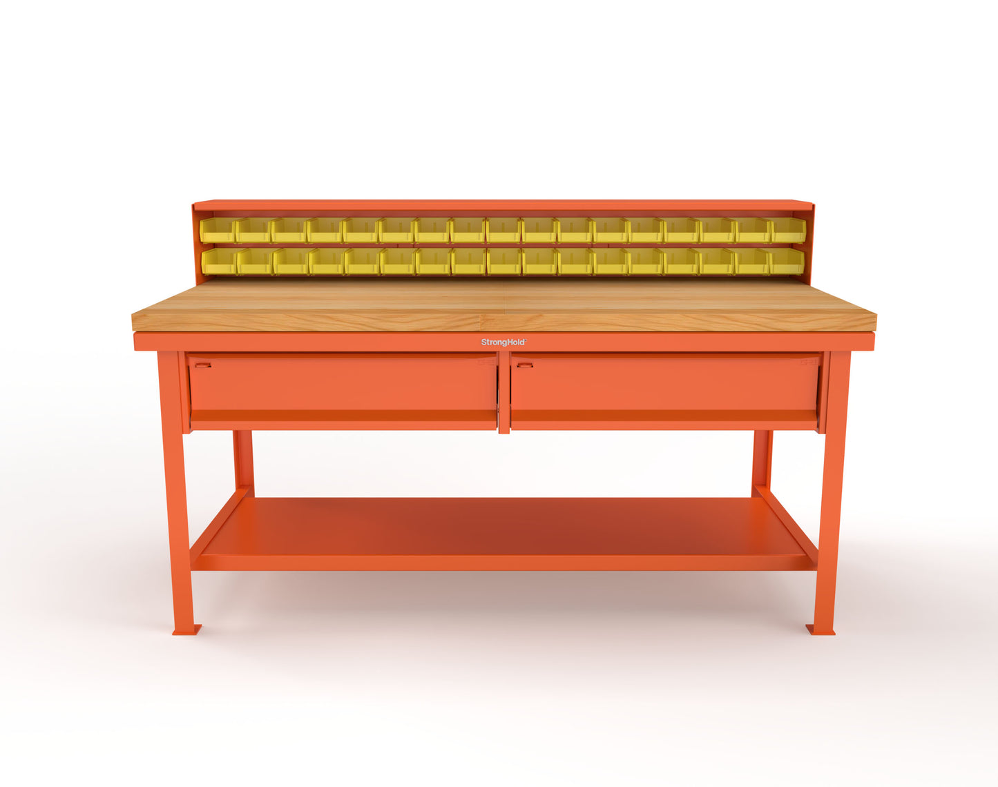 Extreme Duty 7 GA Shop Table with 1 3/4 in. Maple Top, 34 Bins, 2 Drawers, 1 Shelf, Riser Shelf - 72 In. W x 36 In. D x 34 In. H - T7236-34B-2DB-MT-2004