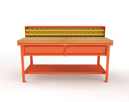 Extreme Duty 7 GA Shop Table with 1 3/4 in. Maple Top, 34 Bins, 2 Drawers, 1 Shelf, Riser Shelf - 72 In. W x 36 In. D x 34 In. H - T7236-34B-2DB-MT-2004