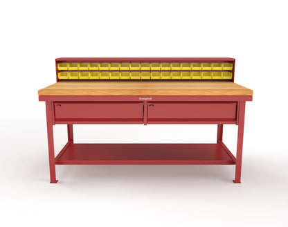 Extreme Duty 7 GA Shop Table with 1 3/4 in. Maple Top, 34 Bins, 2 Drawers, 1 Shelf, Riser Shelf - 72 In. W x 36 In. D x 34 In. H - T7236-34B-2DB-MT-3001