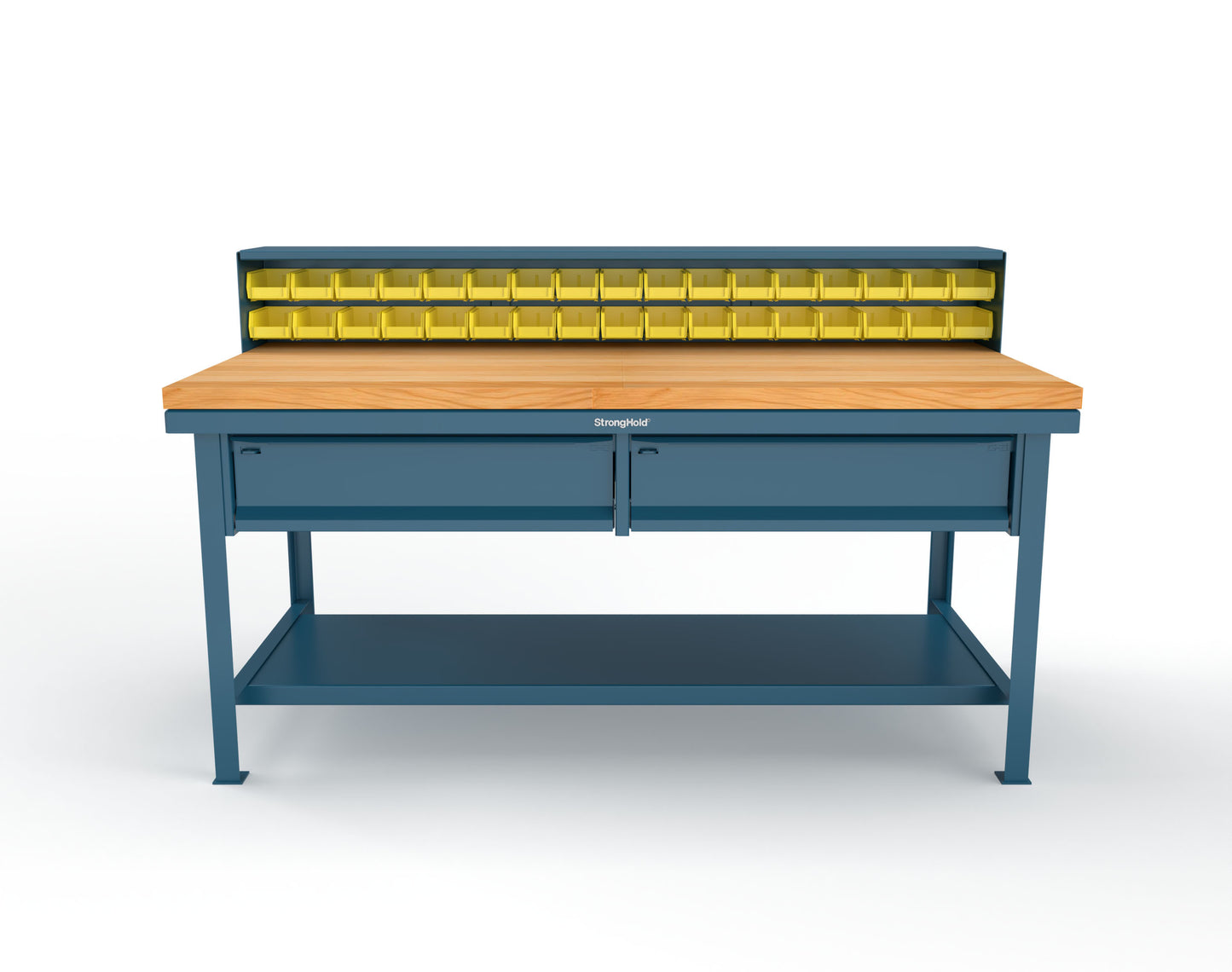 Extreme Duty 7 GA Shop Table with 1 3/4 in. Maple Top, 34 Bins, 2 Drawers, 1 Shelf, Riser Shelf - 72 In. W x 36 In. D x 34 In. H - T7236-34B-2DB-MT-5010