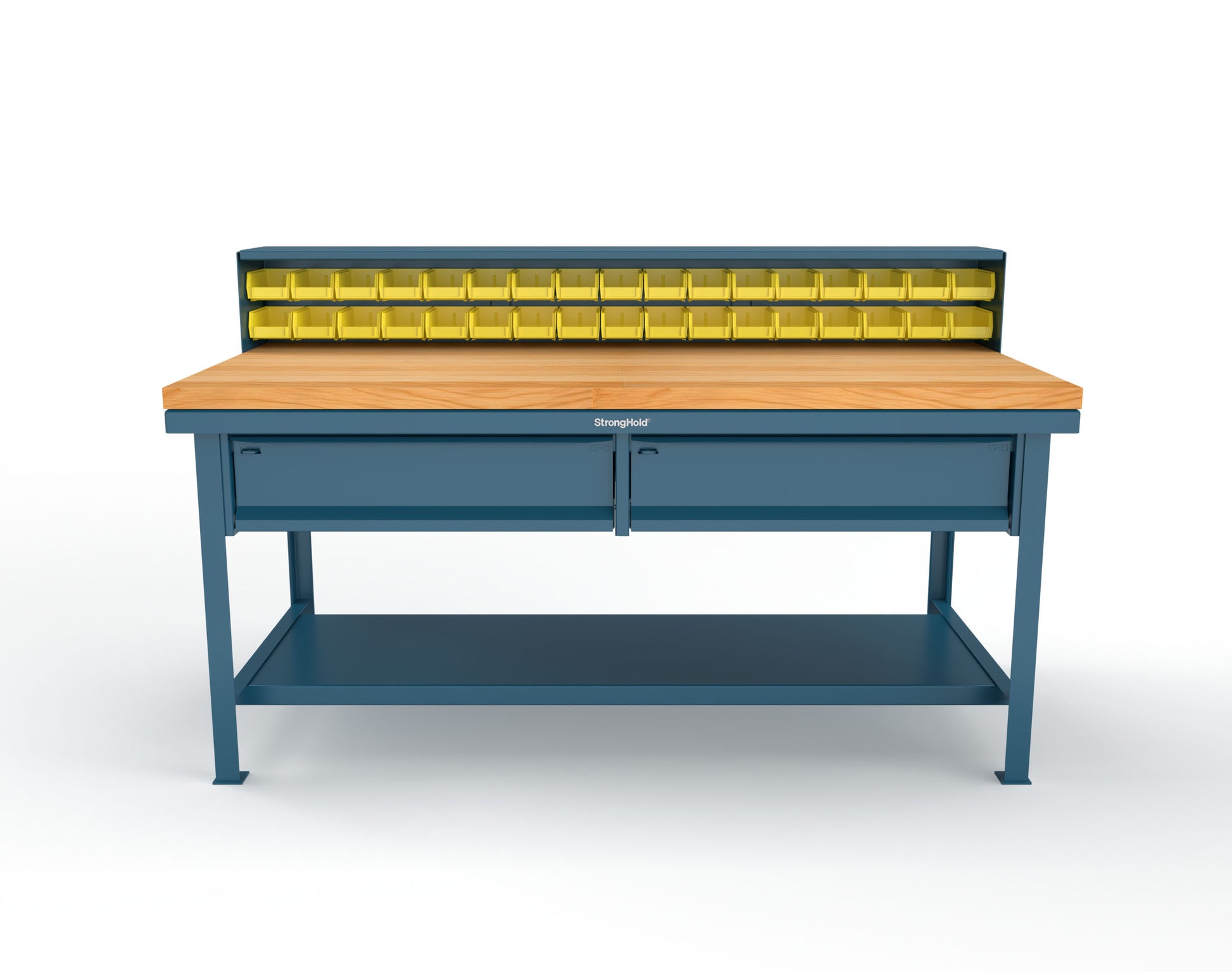 Extreme Duty 7 GA Shop Table with 1 3/4 in. Maple Top, 34 Bins, 2 Drawers, 1 Shelf, Riser Shelf - 72 In. W x 36 In. D x 34 In. H - T7236-34B-2DB-MT-5010