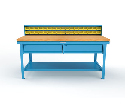 Extreme Duty 7 GA Shop Table with 1 3/4 in. Maple Top, 34 Bins, 2 Drawers, 1 Shelf, Riser Shelf - 72 In. W x 36 In. D x 34 In. H - T7236-34B-2DB-MT-5012