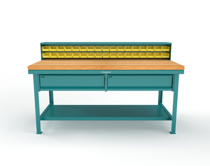 Extreme Duty 7 GA Shop Table with 1 3/4 in. Maple Top, 34 Bins, 2 Drawers, 1 Shelf, Riser Shelf - 72 In. W x 36 In. D x 34 In. H - T7236-34B-2DB-MT-5021
