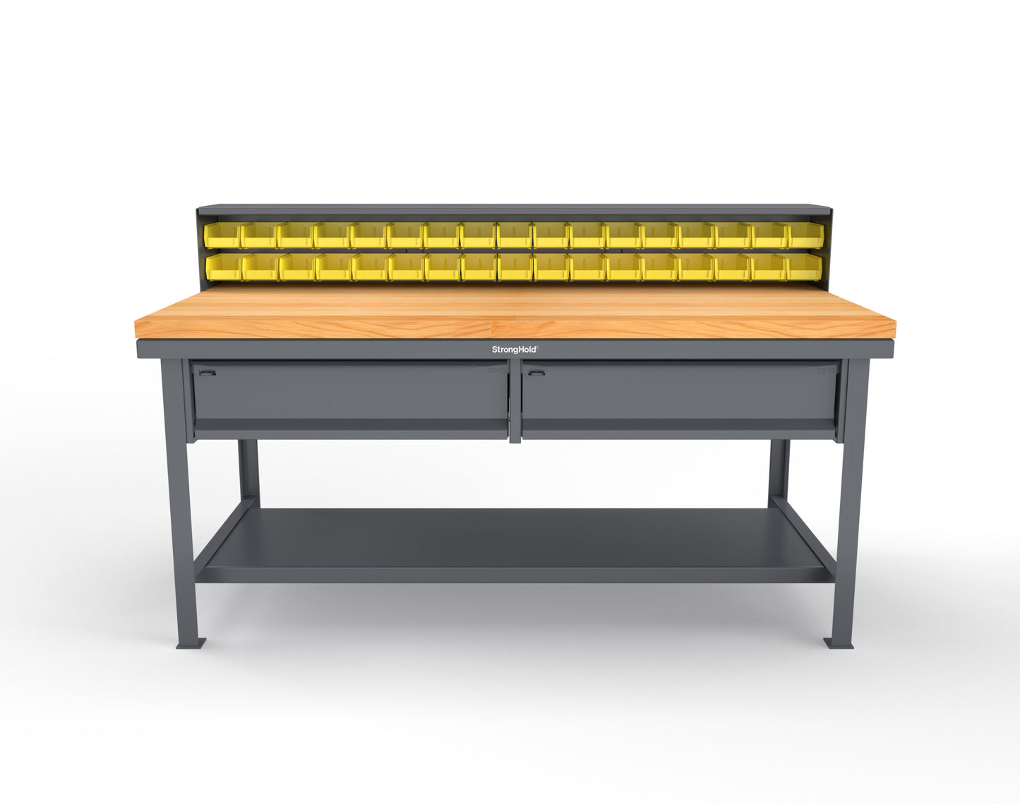 Extreme Duty 7 GA Shop Table with 1 3/4 in. Maple Top, 34 Bins, 2 Drawers, 1 Shelf, Riser Shelf - 72 In. W x 36 In. D x 34 In. H - T7236-34B-2DB-MT-7024