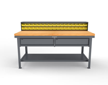 Extreme Duty 7 GA Shop Table with 1 3/4 in. Maple Top, 34 Bins, 2 Drawers, 1 Shelf, Riser Shelf - 72 In. W x 36 In. D x 34 In. H - T7236-34B-2DB-MT-7024