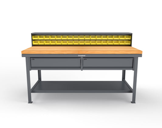 Extreme Duty 7 GA Shop Table with 1 3/4 in. Maple Top, 34 Bins, 2 Drawers, 1 Shelf, Riser Shelf - 72 In. W x 36 In. D x 34 In. H - T7236-34B-2DB-MT-7024
