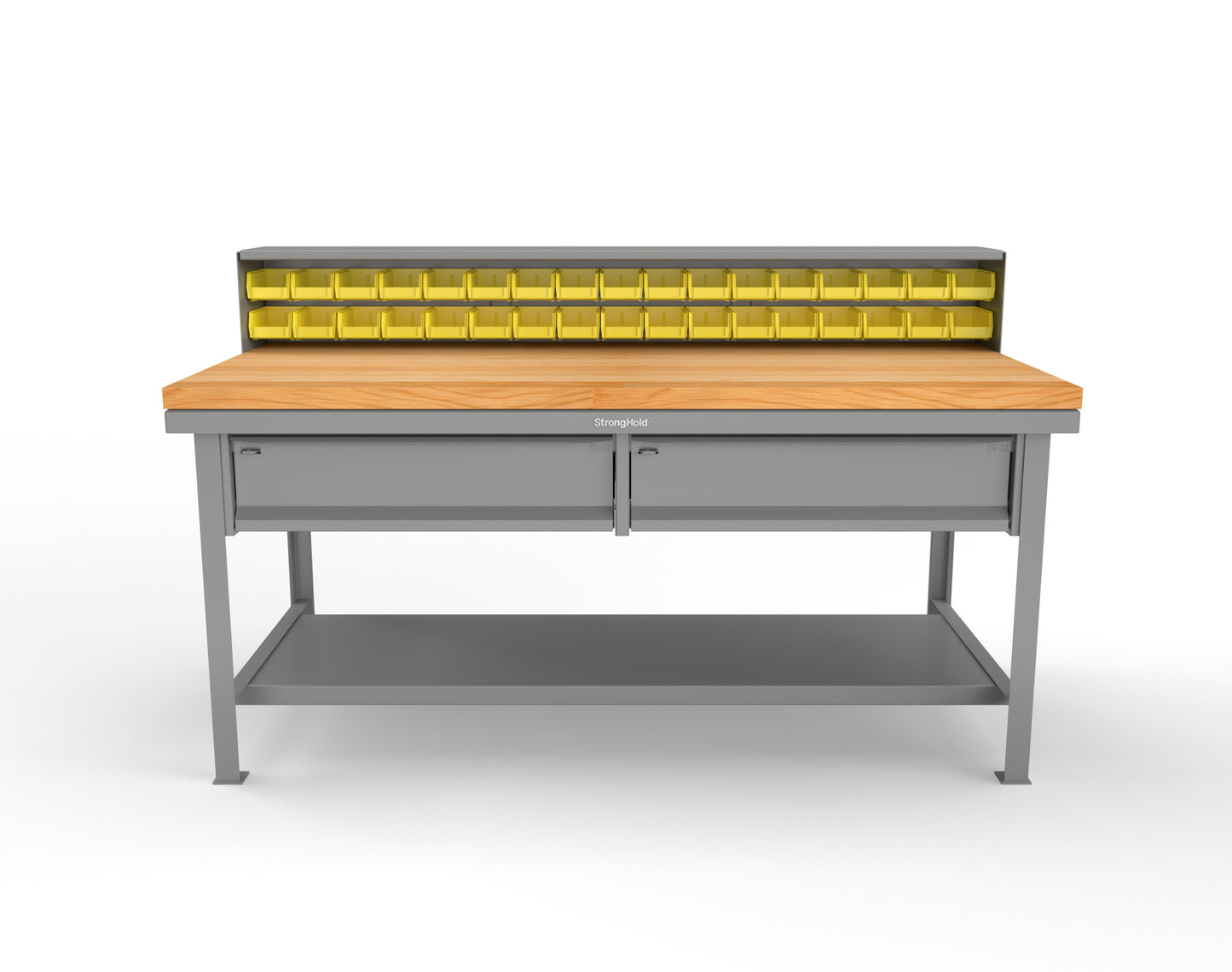 Extreme Duty 7 GA Shop Table with 1 3/4 in. Maple Top, 34 Bins, 2 Drawers, 1 Shelf, Riser Shelf - 72 In. W x 36 In. D x 34 In. H - T7236-34B-2DB-MT-7037