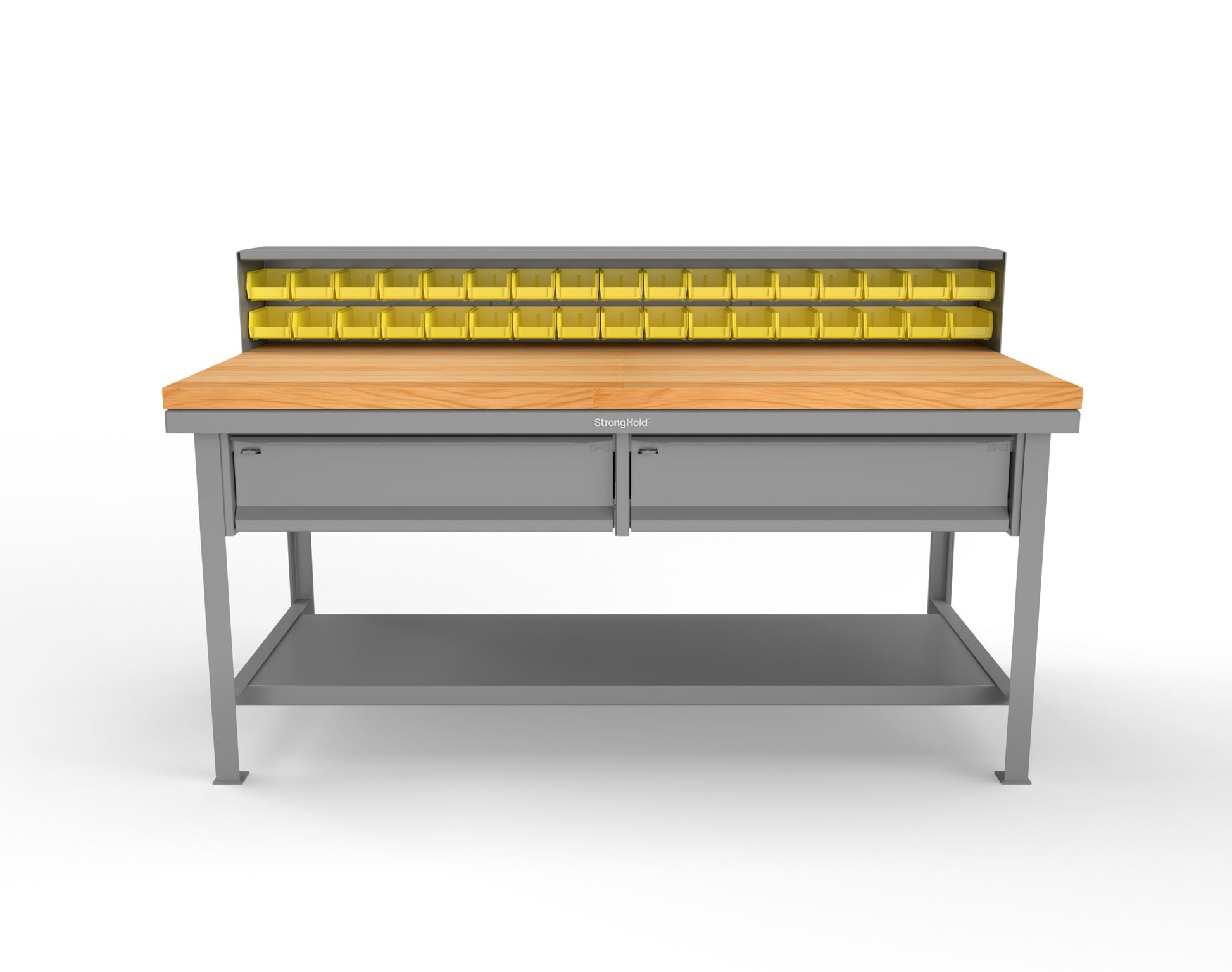 Extreme Duty 7 GA Shop Table with 1 3/4 in. Maple Top, 34 Bins, 2 Drawers, 1 Shelf, Riser Shelf - 72 In. W x 36 In. D x 34 In. H - T7236-34B-2DB-MT-7037