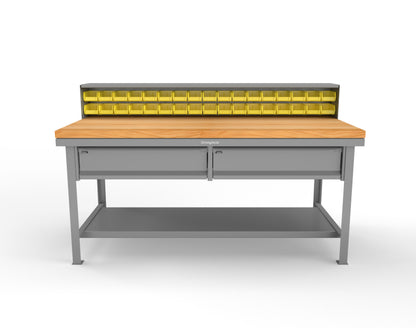 Extreme Duty 7 GA Shop Table with 1 3/4 in. Maple Top, 34 Bins, 2 Drawers, 1 Shelf, Riser Shelf - 72 In. W x 36 In. D x 34 In. H - T7236-34B-2DB-MT-7037