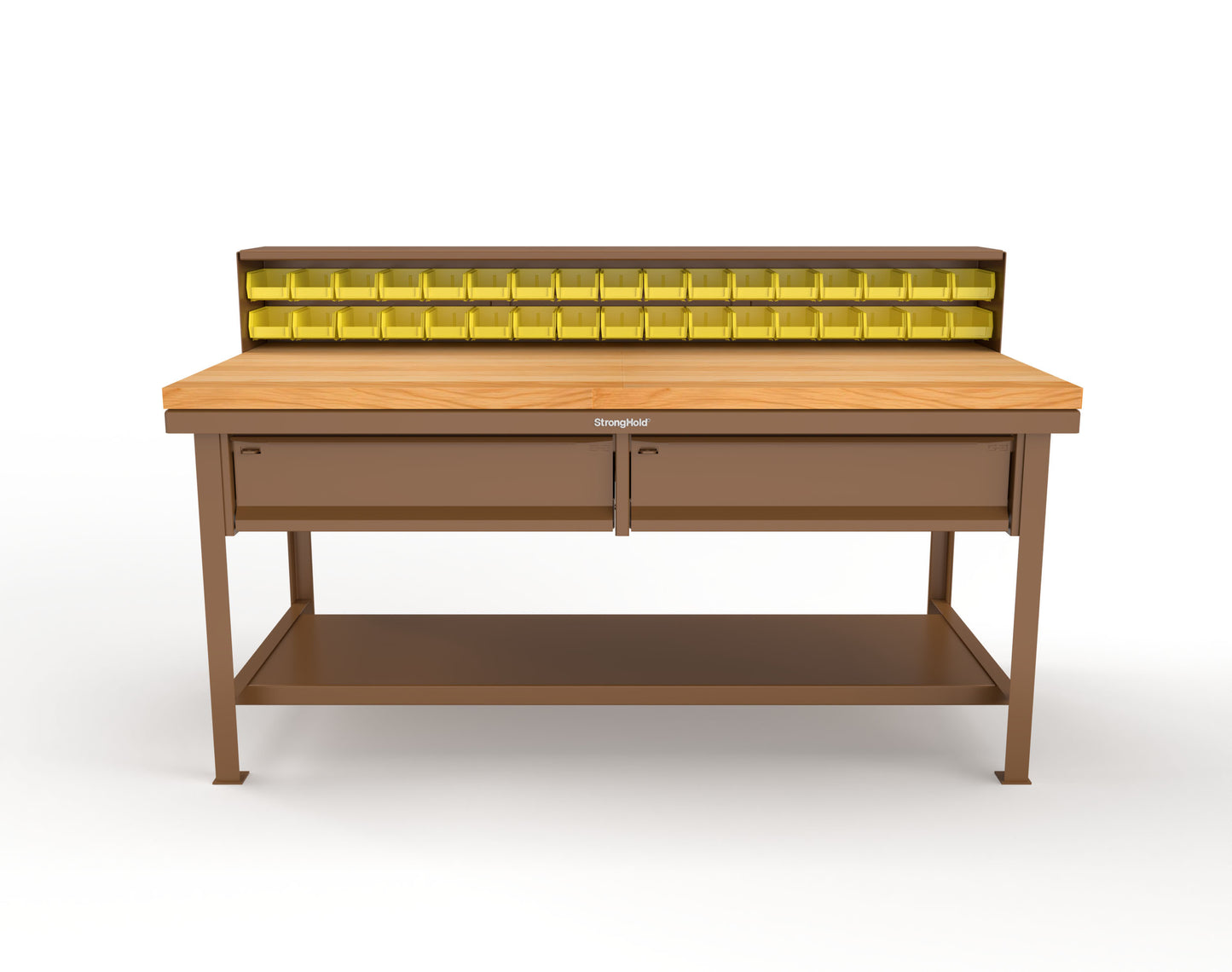 Extreme Duty 7 GA Shop Table with 1 3/4 in. Maple Top, 34 Bins, 2 Drawers, 1 Shelf, Riser Shelf - 72 In. W x 36 In. D x 34 In. H - T7236-34B-2DB-MT-8025