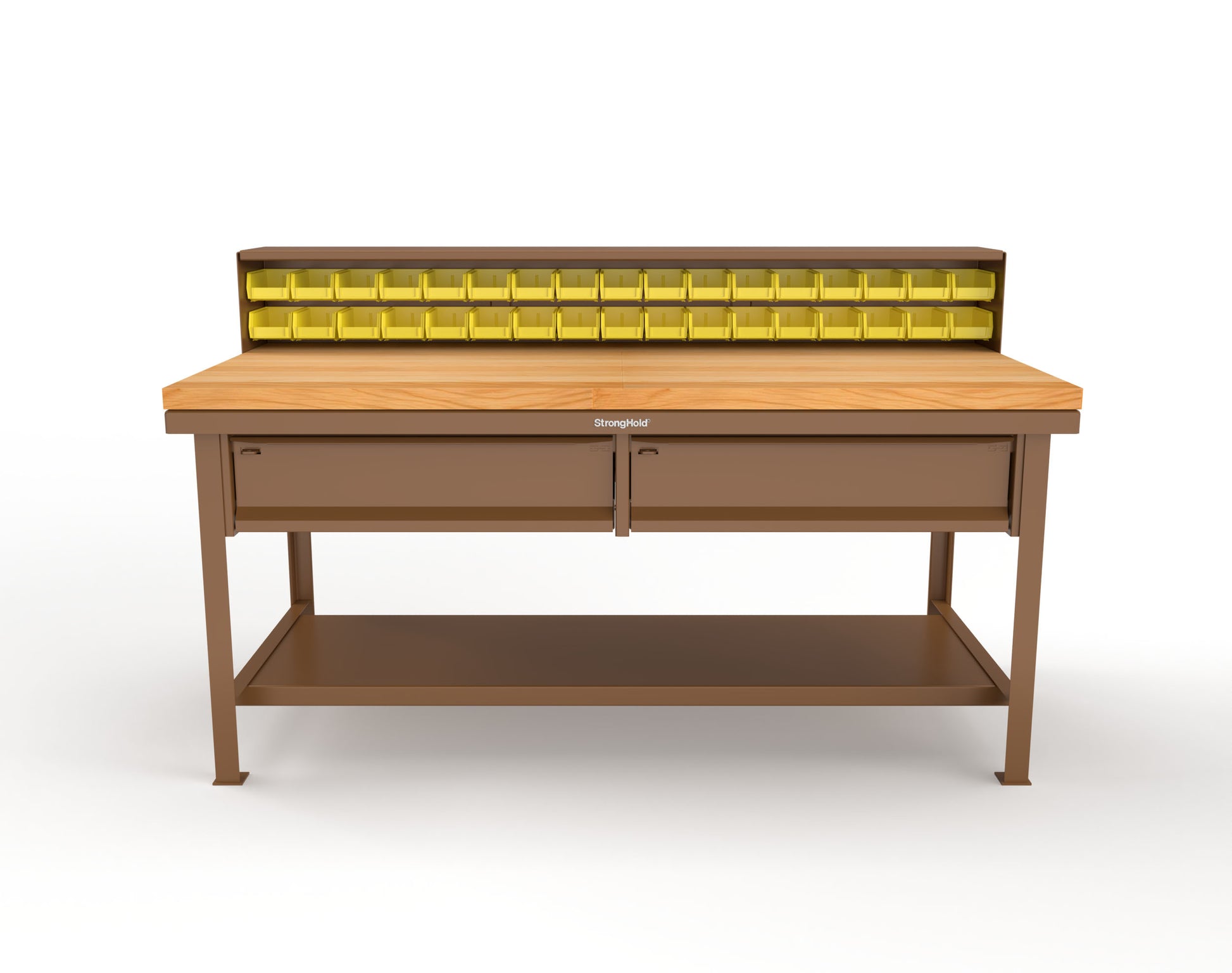 Extreme Duty 7 GA Shop Table with 1 3/4 in. Maple Top, 34 Bins, 2 Drawers, 1 Shelf, Riser Shelf - 72 In. W x 36 In. D x 34 In. H - T7236-34B-2DB-MT-8025