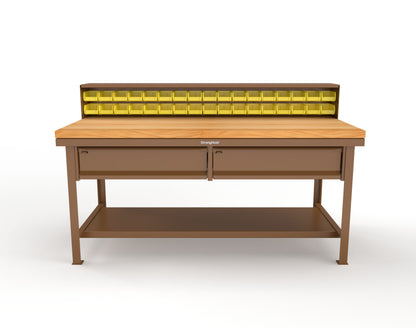 Extreme Duty 7 GA Shop Table with 1 3/4 in. Maple Top, 34 Bins, 2 Drawers, 1 Shelf, Riser Shelf - 72 In. W x 36 In. D x 34 In. H - T7236-34B-2DB-MT-8025