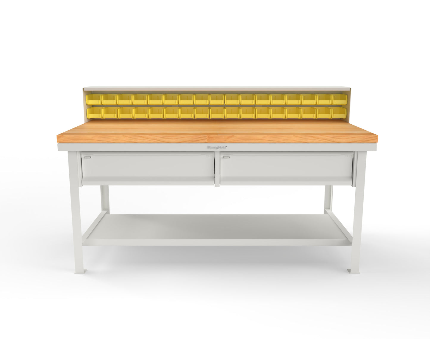 Extreme Duty 7 GA Shop Table with 1 3/4 in. Maple Top, 34 Bins, 2 Drawers, 1 Shelf, Riser Shelf - 72 In. W x 36 In. D x 34 In. H - T7236-34B-2DB-MT-9003