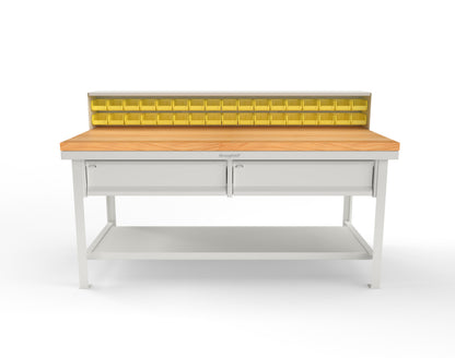 Extreme Duty 7 GA Shop Table with 1 3/4 in. Maple Top, 34 Bins, 2 Drawers, 1 Shelf, Riser Shelf - 72 In. W x 36 In. D x 34 In. H - T7236-34B-2DB-MT-9003