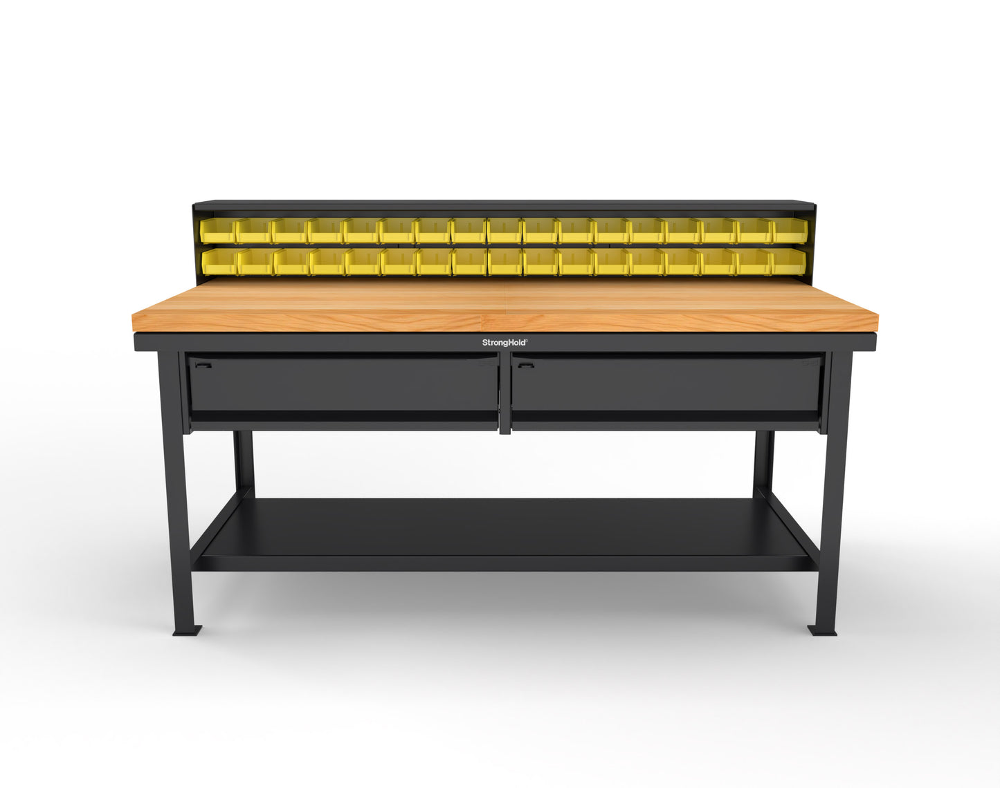 Extreme Duty 7 GA Shop Table with 1 3/4 in. Maple Top, 34 Bins, 2 Drawers, 1 Shelf, Riser Shelf - 72 In. W x 36 In. D x 34 In. H - T7236-34B-2DB-MT-9005