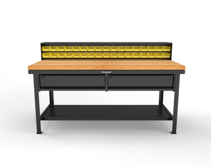 Extreme Duty 7 GA Shop Table with 1 3/4 in. Maple Top, 34 Bins, 2 Drawers, 1 Shelf, Riser Shelf - 72 In. W x 36 In. D x 34 In. H - T7236-34B-2DB-MT-9005