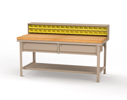 Extreme Duty 7 GA Shop Table with 1 3/4 in. Maple Top, 34 Bins, 2 Drawers, 1 Shelf, Riser Shelf - 72 In. W x 36 In. D x 34 In. H - T7236-34B-2DB-MT-1019