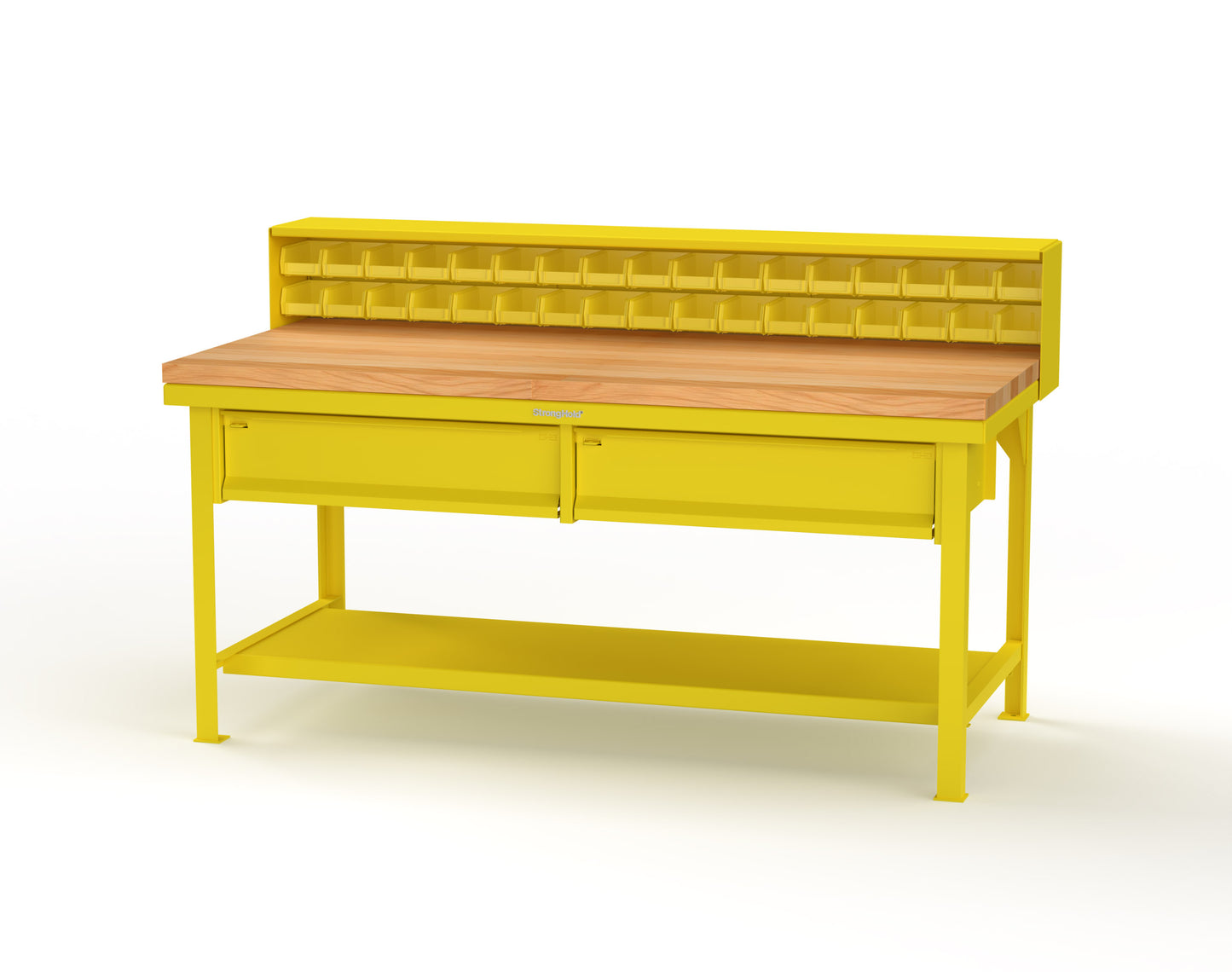 Extreme Duty 7 GA Shop Table with 1 3/4 in. Maple Top, 34 Bins, 2 Drawers, 1 Shelf, Riser Shelf - 72 In. W x 36 In. D x 34 In. H - T7236-34B-2DB-MT-1023