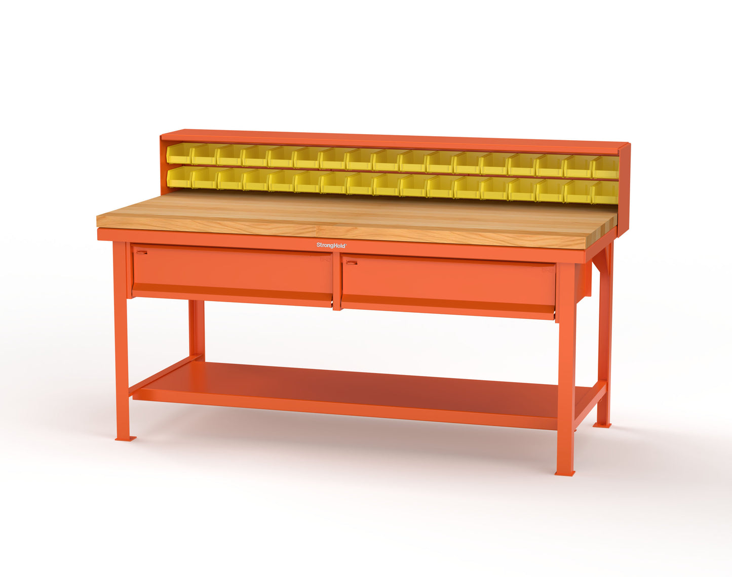 Extreme Duty 7 GA Shop Table with 1 3/4 in. Maple Top, 34 Bins, 2 Drawers, 1 Shelf, Riser Shelf - 72 In. W x 36 In. D x 34 In. H - T7236-34B-2DB-MT-2004