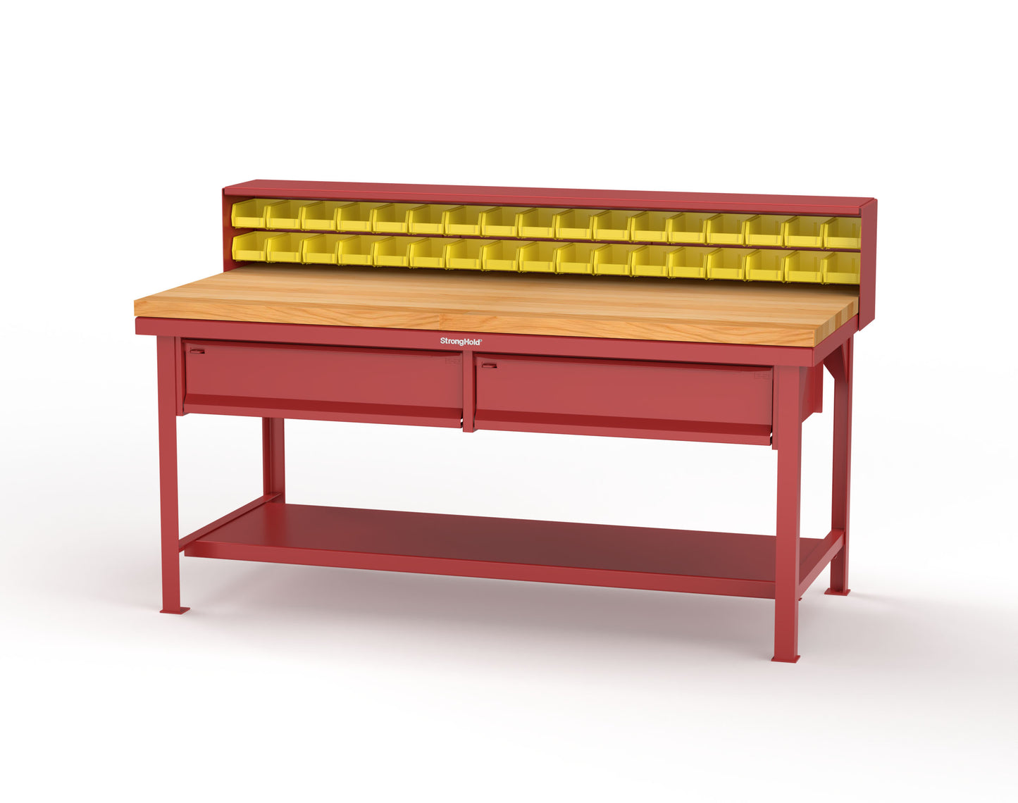 Extreme Duty 7 GA Shop Table with 1 3/4 in. Maple Top, 34 Bins, 2 Drawers, 1 Shelf, Riser Shelf - 72 In. W x 36 In. D x 34 In. H - T7236-34B-2DB-MT-3001