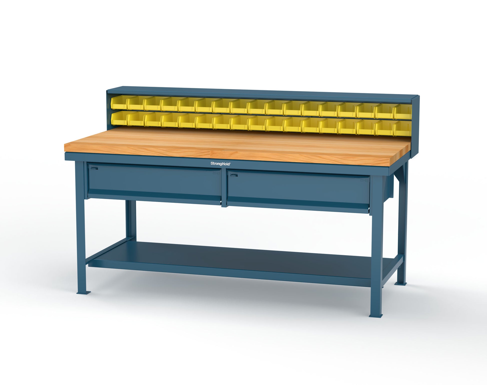 Extreme Duty 7 GA Shop Table with 1 3/4 in. Maple Top, 34 Bins, 2 Drawers, 1 Shelf, Riser Shelf - 72 In. W x 36 In. D x 34 In. H - T7236-34B-2DB-MT-5010