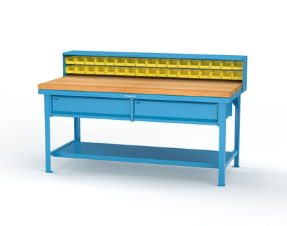 Extreme Duty 7 GA Shop Table with 1 3/4 in. Maple Top, 34 Bins, 2 Drawers, 1 Shelf, Riser Shelf - 72 In. W x 36 In. D x 34 In. H - T7236-34B-2DB-MT-5012