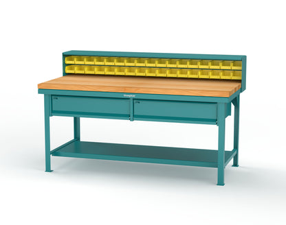 Extreme Duty 7 GA Shop Table with 1 3/4 in. Maple Top, 34 Bins, 2 Drawers, 1 Shelf, Riser Shelf - 72 In. W x 36 In. D x 34 In. H - T7236-34B-2DB-MT-5021