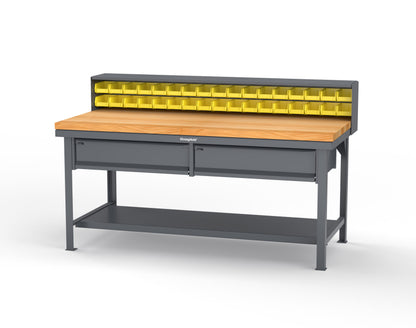 Extreme Duty 7 GA Shop Table with 1 3/4 in. Maple Top, 34 Bins, 2 Drawers, 1 Shelf, Riser Shelf - 72 In. W x 36 In. D x 34 In. H - T7236-34B-2DB-MT-7024
