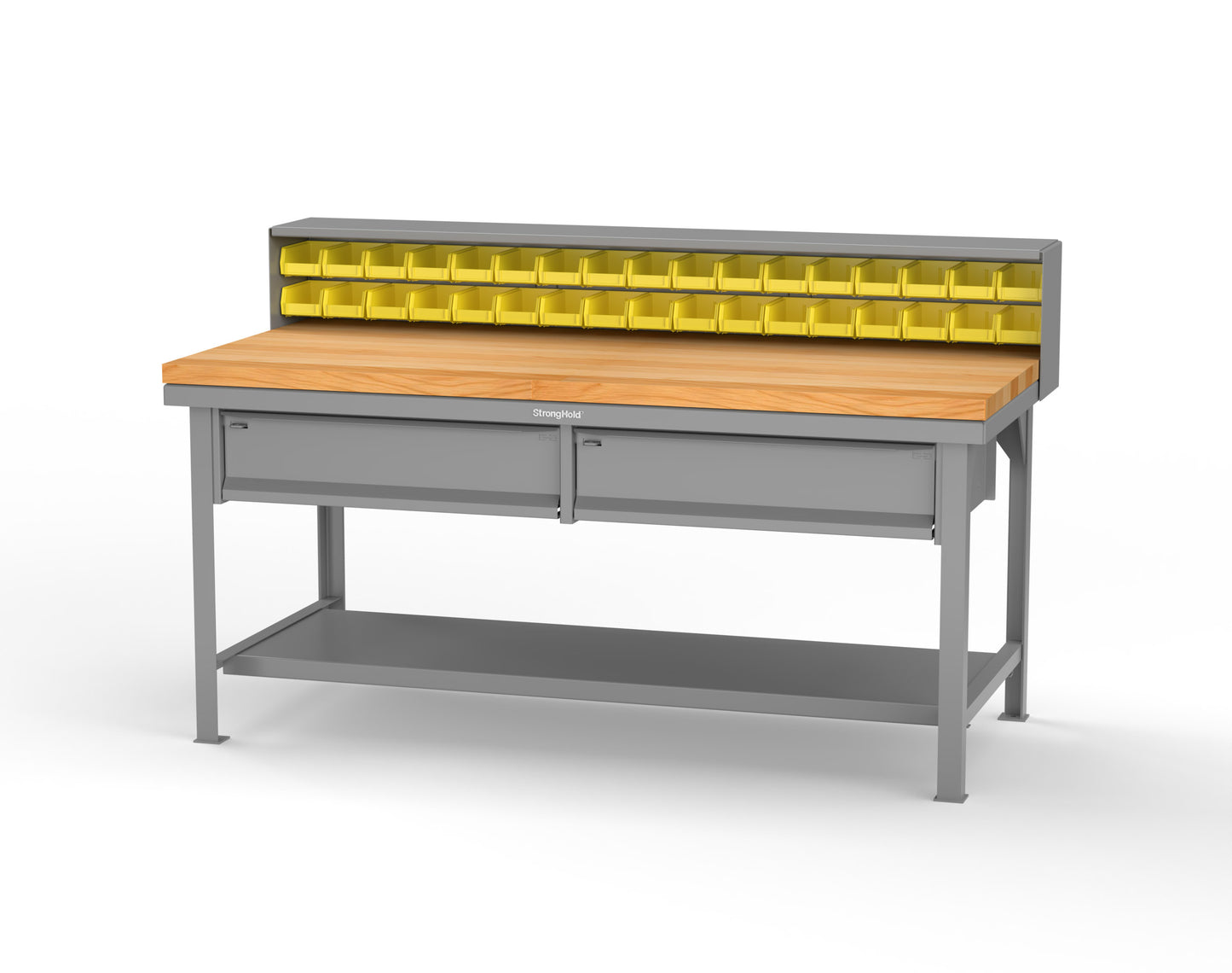 Extreme Duty 7 GA Shop Table with 1 3/4 in. Maple Top, 34 Bins, 2 Drawers, 1 Shelf, Riser Shelf - 72 In. W x 36 In. D x 34 In. H - T7236-34B-2DB-MT-7037
