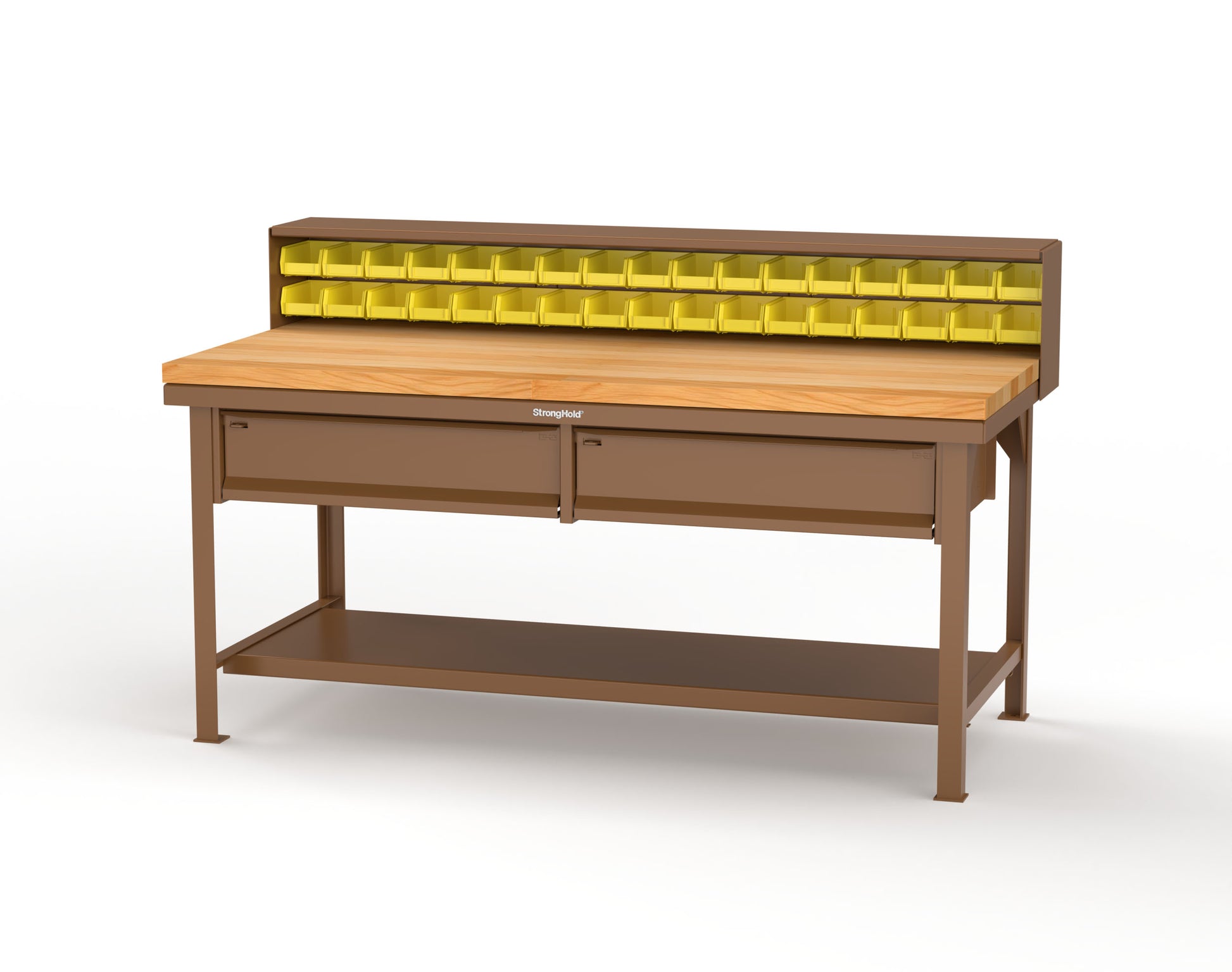 Extreme Duty 7 GA Shop Table with 1 3/4 in. Maple Top, 34 Bins, 2 Drawers, 1 Shelf, Riser Shelf - 72 In. W x 36 In. D x 34 In. H - T7236-34B-2DB-MT-8025
