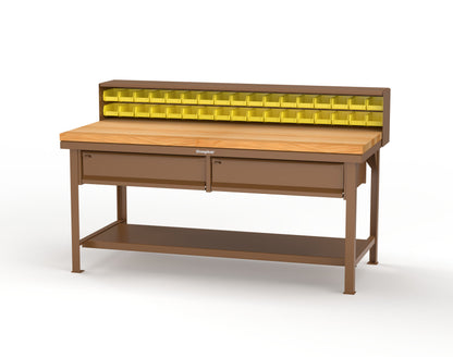 Extreme Duty 7 GA Shop Table with 1 3/4 in. Maple Top, 34 Bins, 2 Drawers, 1 Shelf, Riser Shelf - 72 In. W x 36 In. D x 34 In. H - T7236-34B-2DB-MT-8025