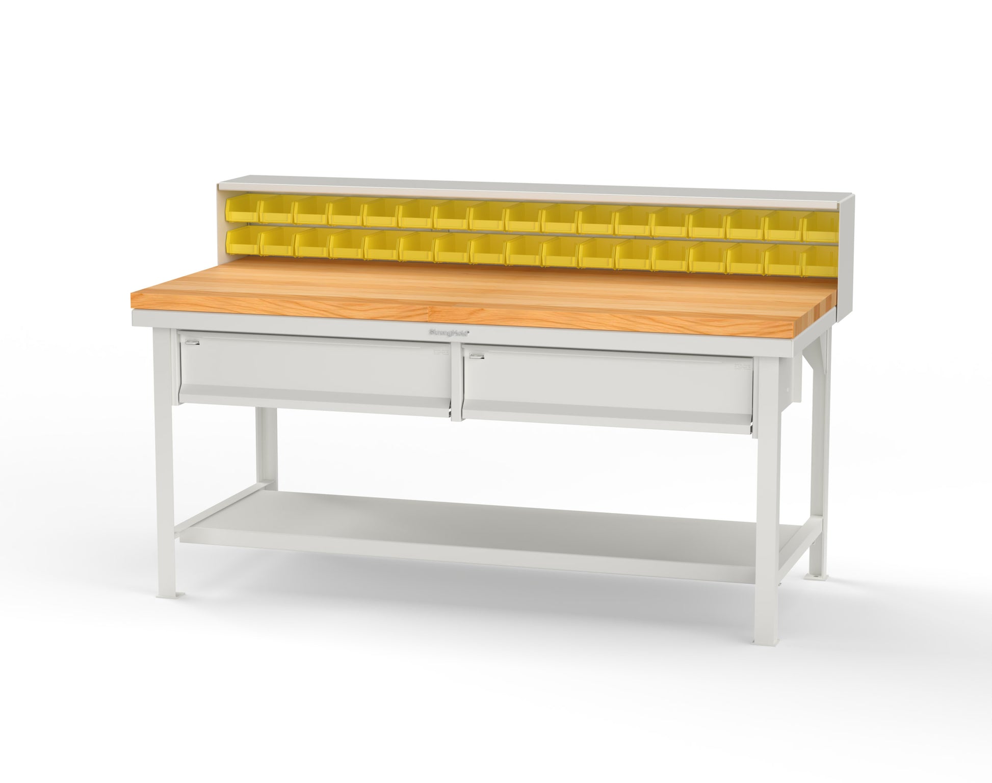 Extreme Duty 7 GA Shop Table with 1 3/4 in. Maple Top, 34 Bins, 2 Drawers, 1 Shelf, Riser Shelf - 72 In. W x 36 In. D x 34 In. H - T7236-34B-2DB-MT-9003