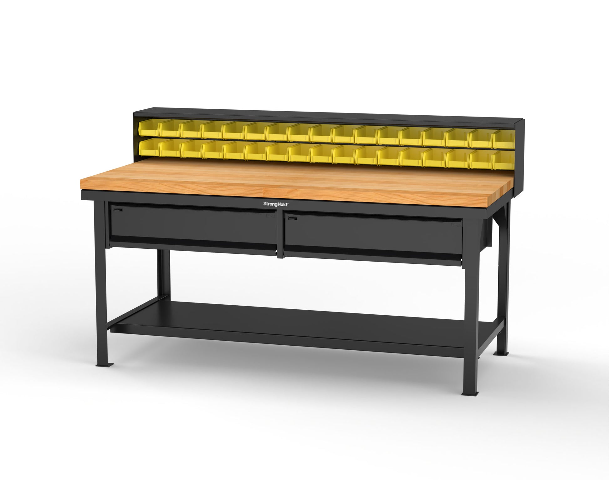 Extreme Duty 7 GA Shop Table with 1 3/4 in. Maple Top, 34 Bins, 2 Drawers, 1 Shelf, Riser Shelf - 72 In. W x 36 In. D x 34 In. H - T7236-34B-2DB-MT-9005