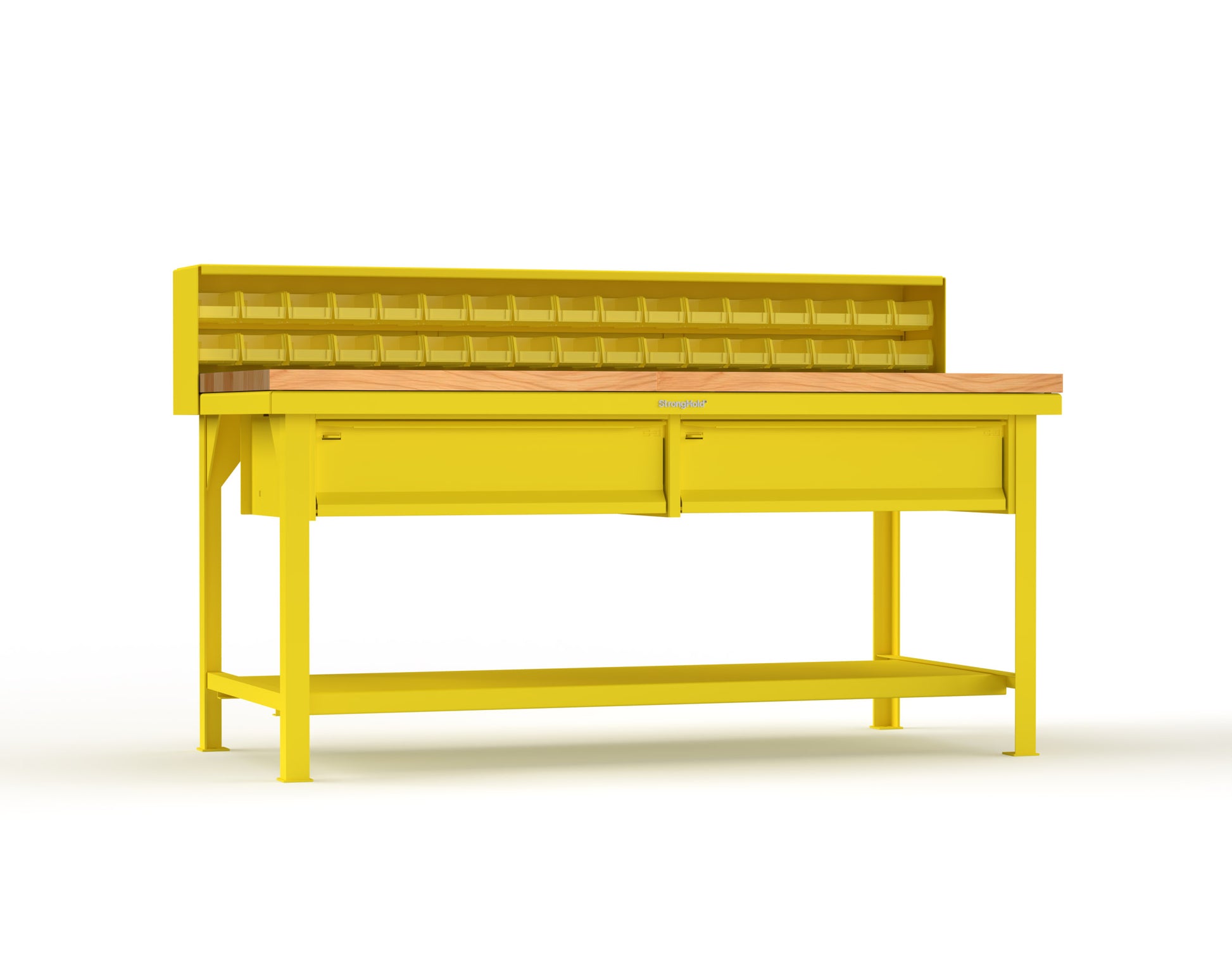 Extreme Duty 7 GA Shop Table with 1 3/4 in. Maple Top, 34 Bins, 2 Drawers, 1 Shelf, Riser Shelf - 72 In. W x 36 In. D x 34 In. H - T7236-34B-2DB-MT-1023