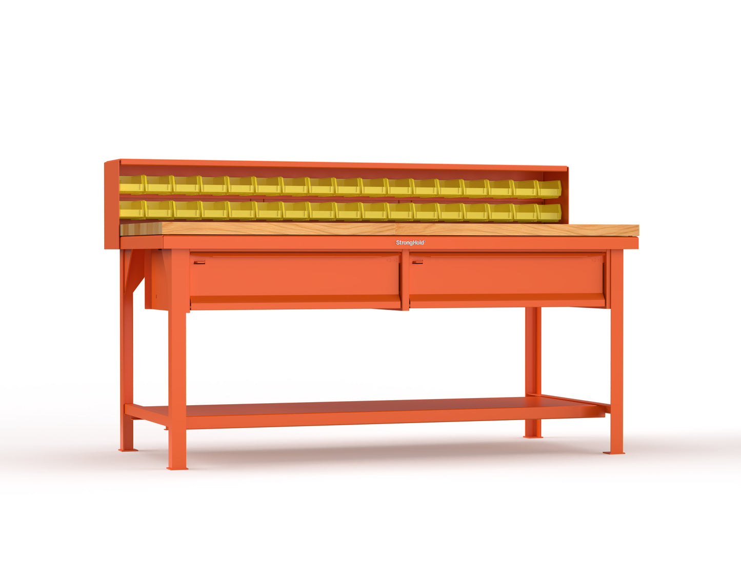 Extreme Duty 7 GA Shop Table with 1 3/4 in. Maple Top, 34 Bins, 2 Drawers, 1 Shelf, Riser Shelf - 72 In. W x 36 In. D x 34 In. H - T7236-34B-2DB-MT-2004