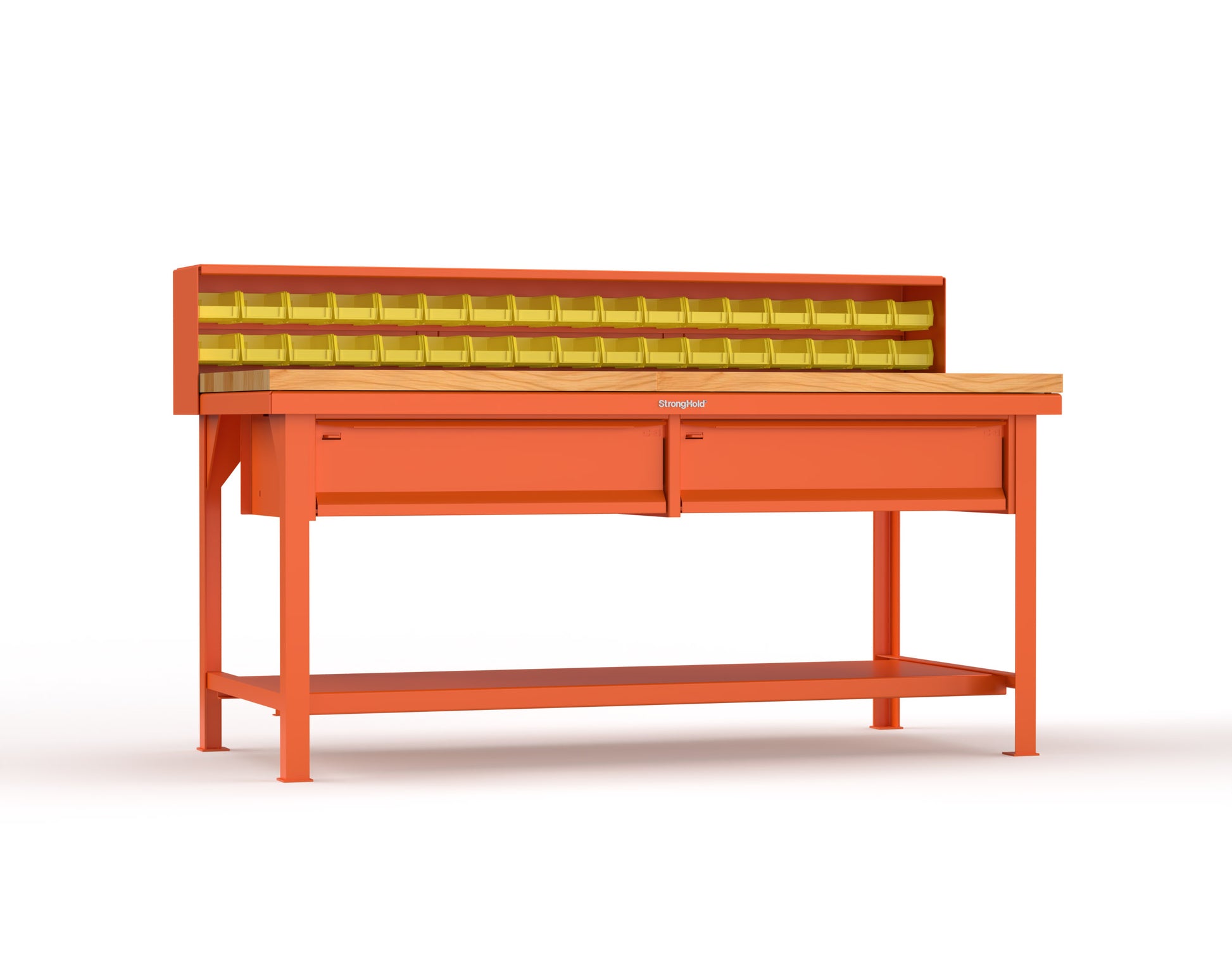 Extreme Duty 7 GA Shop Table with 1 3/4 in. Maple Top, 34 Bins, 2 Drawers, 1 Shelf, Riser Shelf - 72 In. W x 36 In. D x 34 In. H - T7236-34B-2DB-MT-2004