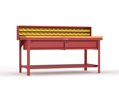 Extreme Duty 7 GA Shop Table with 1 3/4 in. Maple Top, 34 Bins, 2 Drawers, 1 Shelf, Riser Shelf - 72 In. W x 36 In. D x 34 In. H - T7236-34B-2DB-MT-3001