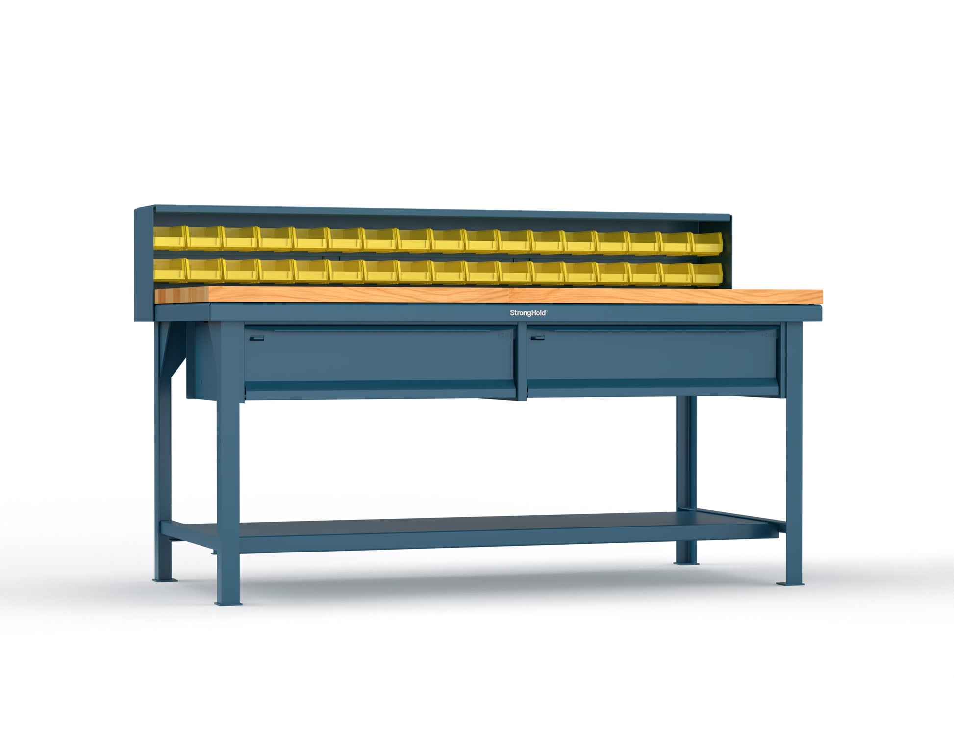 Extreme Duty 7 GA Shop Table with 1 3/4 in. Maple Top, 34 Bins, 2 Drawers, 1 Shelf, Riser Shelf - 72 In. W x 36 In. D x 34 In. H - T7236-34B-2DB-MT-5010