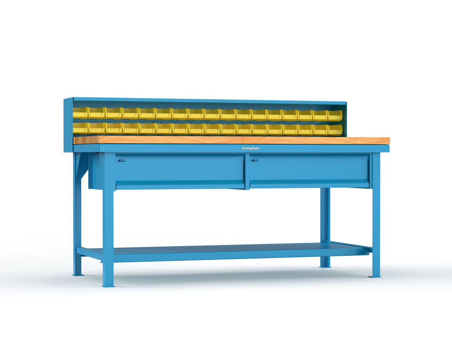 Extreme Duty 7 GA Shop Table with 1 3/4 in. Maple Top, 34 Bins, 2 Drawers, 1 Shelf, Riser Shelf - 72 In. W x 36 In. D x 34 In. H - T7236-34B-2DB-MT-5012